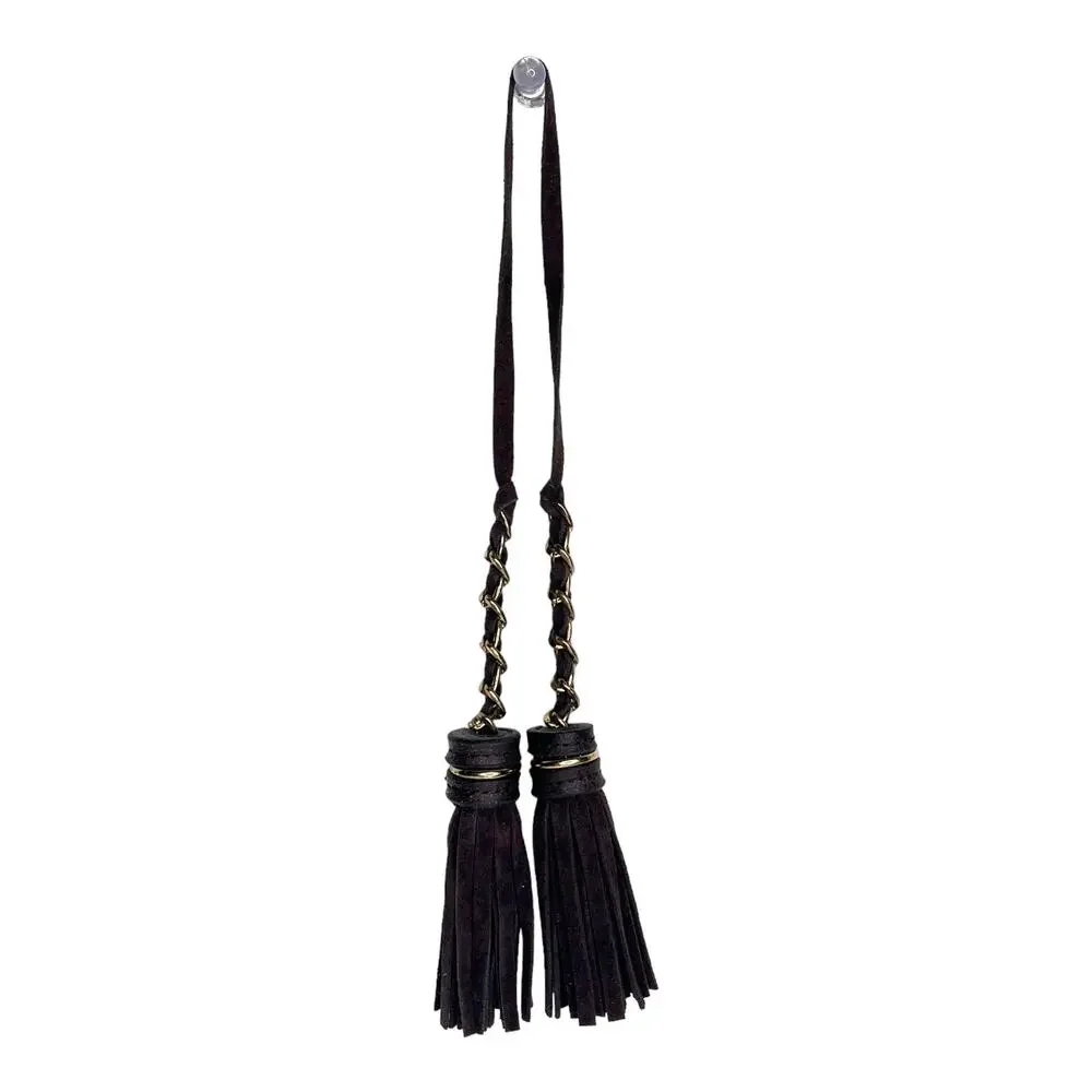 Leather Purse Charm Double Brown Suede Leather Gold Chain Tassels Handbag Fob